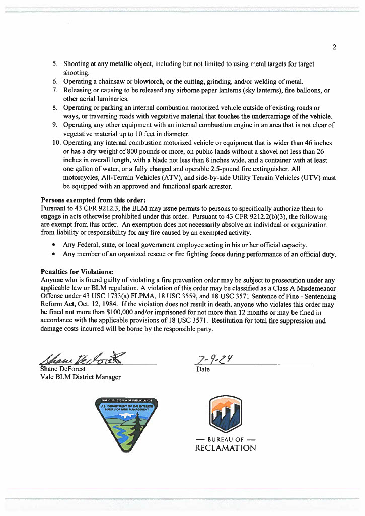 Fire Restrictions Order Page 2